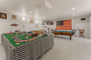 Playroom with a wainscoted wall, carpet flooring, billiards, and recessed lighting
