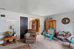 Unit 3 Sitting room featuring a textured ceiling and carpet floors