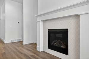 Detailed view of a glass covered fireplace and wood finished floors