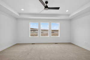 Empty room with light carpet, a raised ceiling, healthy amount of natural light, and recessed lighting