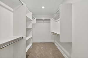 Walk in closet featuring light colored carpet
