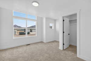 Unfurnished bedroom with a walk in closet and light carpet