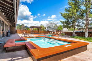 Community pool with a patio, a hot tub, a fenced backyard, and a pergola