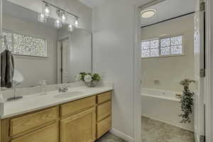 Primary Bathroom with vanity and a jetted tub