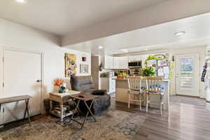 Basement Living room with dark wood-style floors and recessed lighting