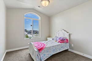 Bedroom featuring carpet flooring and vaulted ceiling