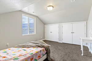 Carpeted bedroom with multiple closets, lofted ceiling, and a textured ceiling