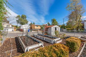 View of yard featuring a garden and an outbuilding