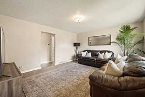 Carpeted living area featuring baseboards and a textured ceiling