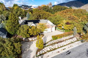 Aerial view of property and surrounding area with a forest