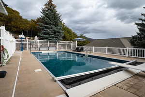 View of swimming pool with a diving board and a patio area