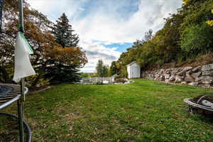 View of yard featuring a fire pit and a storage shed