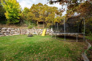 View of green lawn with a trampoline and a fire pit