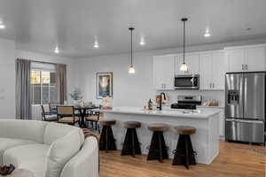 Kitchen featuring appliances with stainless steel finishes, tasteful backsplash, white cabinetry, pendant lighting, and light wood finished floors