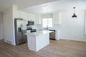 Kitchen featuring appliances with stainless steel finishes, white cabinets, backsplash, a center island, and decorative light fixtures