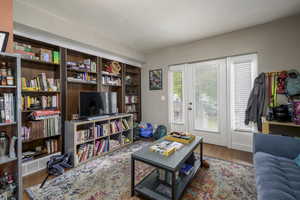 Living area with wood finished floors