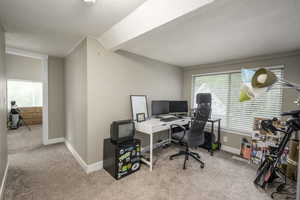 Office with light colored carpet and a textured ceiling