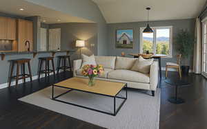 Virtually staged looking from fireplace toward dining area