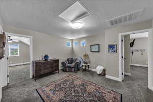 Sitting room with carpet flooring, plenty of natural light, attic access, and a textured ceiling