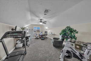 Workout area with carpet, lofted ceiling, a textured ceiling, and a ceiling fan