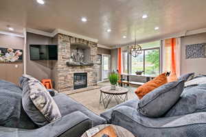 Open concept great room with fireplace
