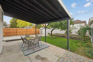 Fenced backyard with outdoor dining area, a shed, and a patio