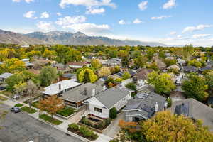 Aerial perspective of suburban area with mountains