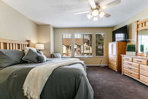 Primary bedroom featuring multiple windows, dark colored carpet, and a ceiling fan