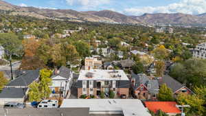 Aerial perspective of suburban area with mountains