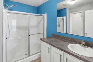 Bathroom with vanity and a shower stall