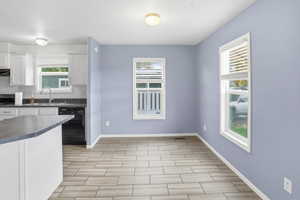 Kitchen with dark countertops, white cabinetry, dishwasher, and wood tiled floors