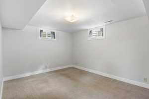 Basement featuring light carpet and baseboards