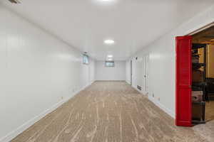 Below grade area featuring carpet floors and wood walls