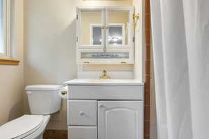 Full bath with vanity and a shower with shower curtain