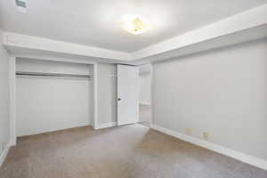 Unfurnished bedroom featuring carpet floors and a closet