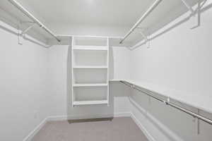 Walk in closet with light colored carpet