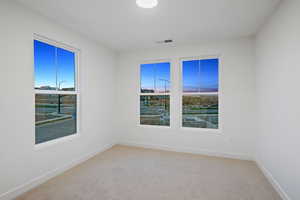 Unfurnished room with light carpet and baseboards