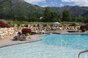Community pool featuring a mountain view and a patio area