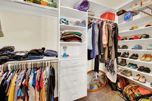Walk in closet featuring light colored carpet