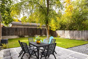 Fenced backyard featuring outdoor dining area and a patio area