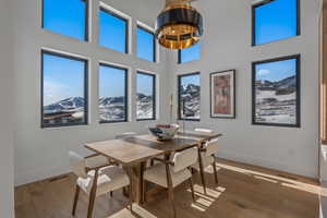 Dining room featuring a mountain view, light wood-style flooring, and a high ceiling