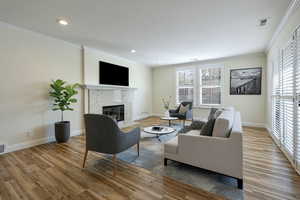 Living room featuring ornamental molding, light wood finished floors, healthy amount of natural light, a premium fireplace, and recessed lighting