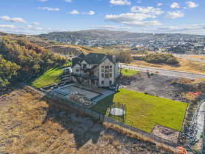 Drone / aerial view of a mountainous background