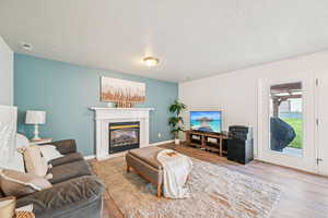 Living area with a premium fireplace, light wood finished floors, and a textured ceiling