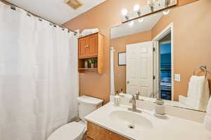 Bathroom with vanity and a shower with curtain