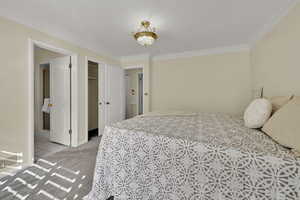 Bedroom featuring a closet, ornamental molding, light colored carpet, and ensuite bathroom