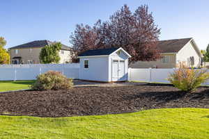 View of shed featuring a fenced backyard