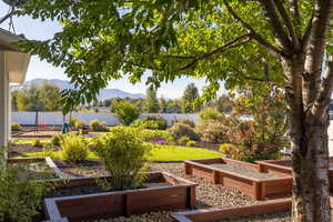 Fenced backyard with a vegetable garden and a mountain view