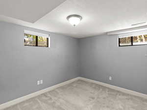 Spare room with healthy amount of natural light, light carpet, and a textured ceiling