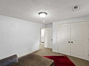 bedroom with carpet flooring, a closet, and a textured ceiling